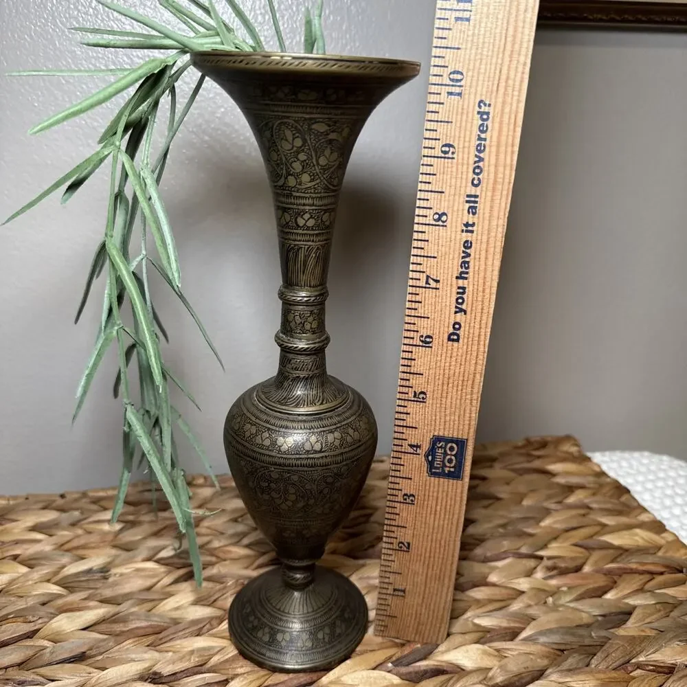VTG Hand Etched Aged Brass Vase 10” Tall Engraved Indian Middle Eastern Decor